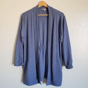 Talbots Open Front Ruched 3/4 Sleeve Cardigan Blue Womens L Pockets Soft Stretch